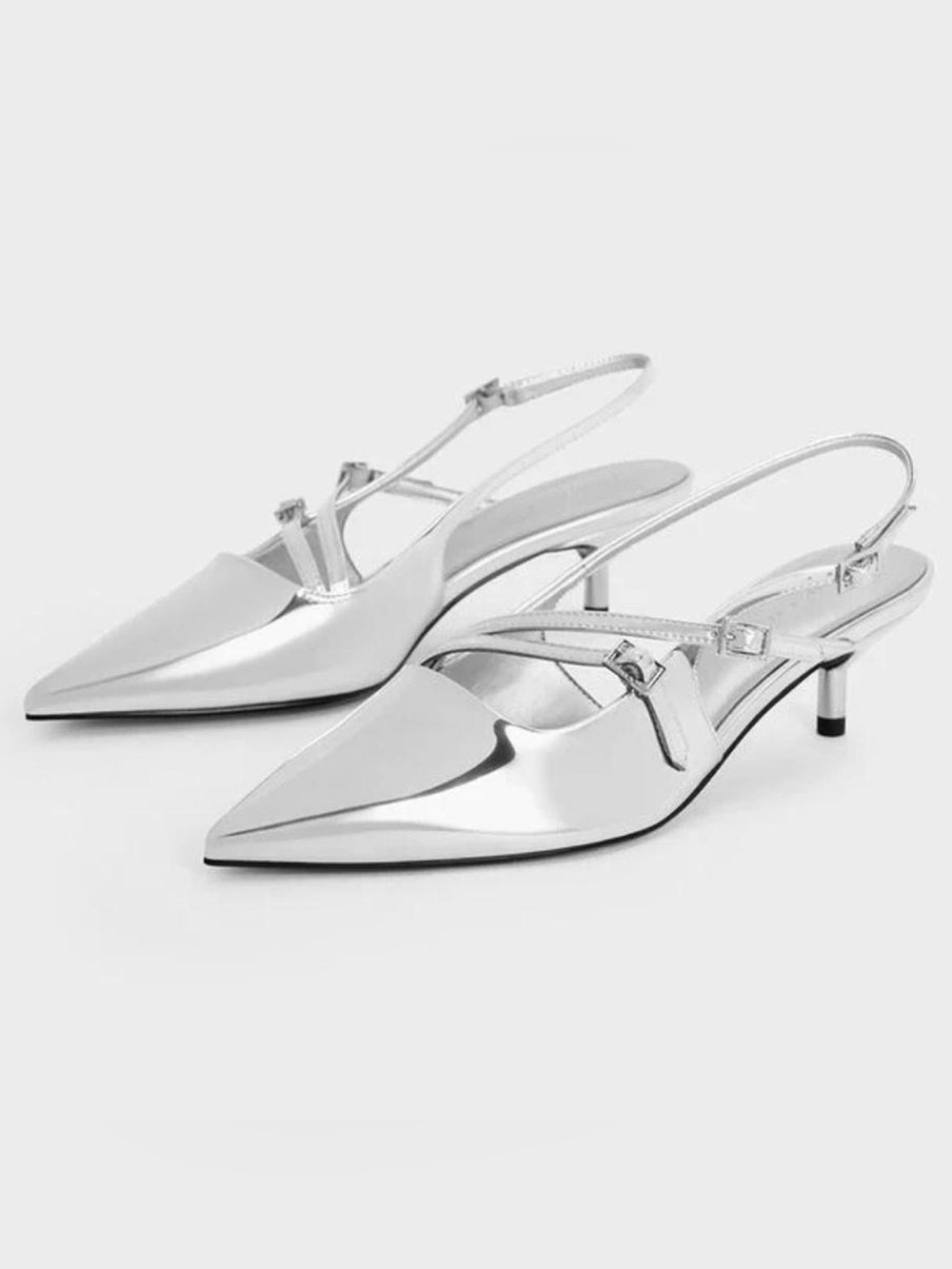 Charles & Keith Silver Buckle Strap Kitten Heels Slingback